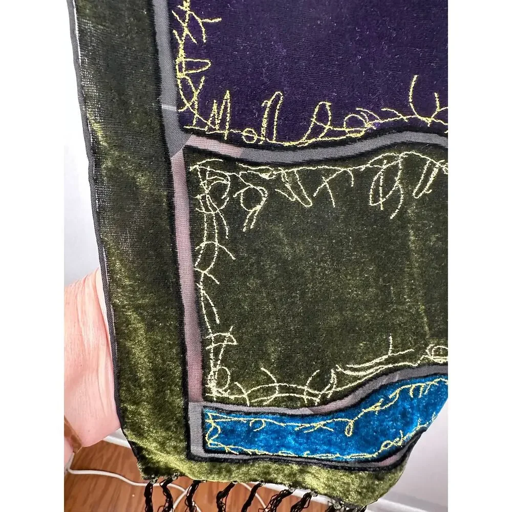 vintage Y2K jewel-toned devoré 100% silk burnout velvet scarf jewel tones 66